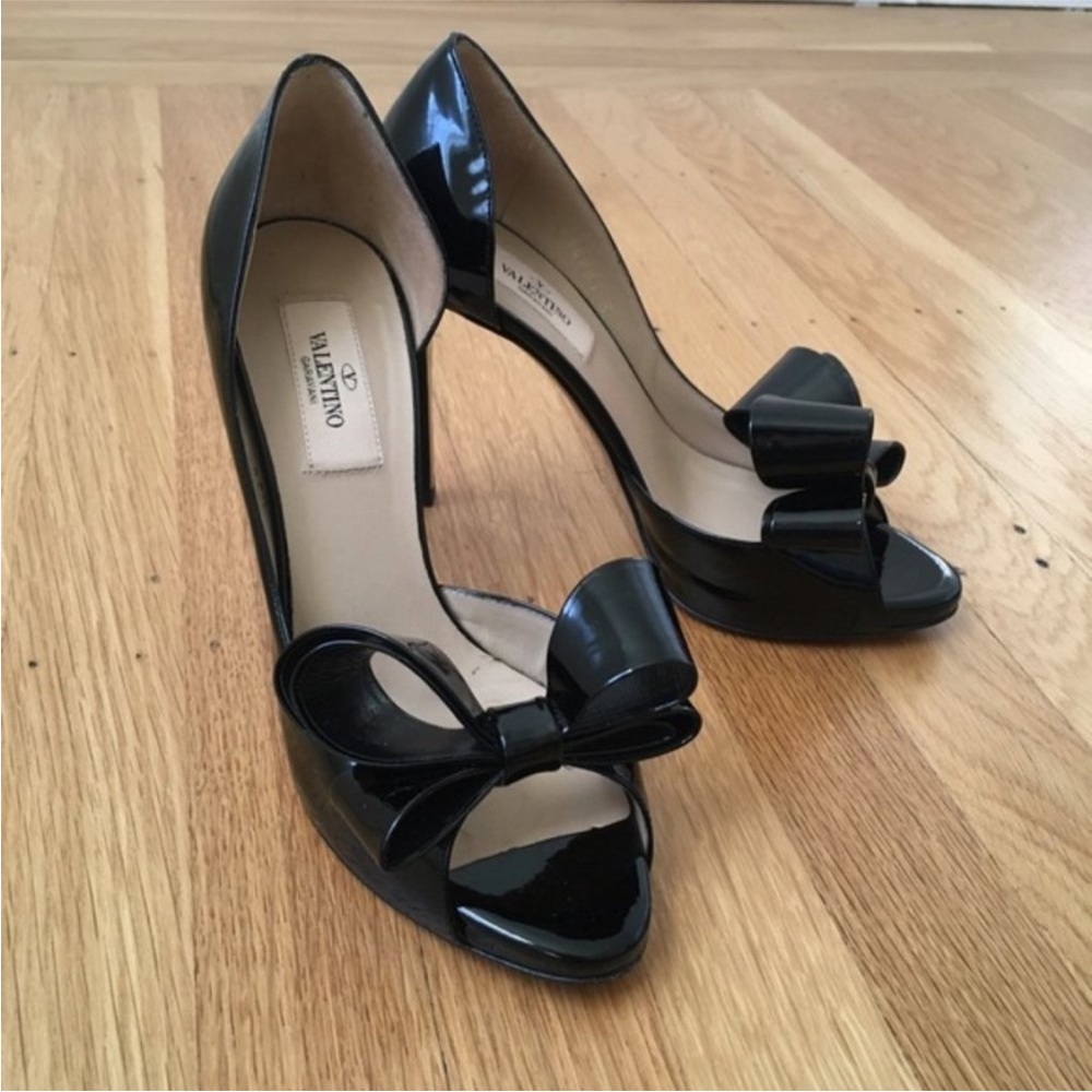 Valentino bow couture pumps heels sandals 37.5 black patent leather 7.5 - Picture 2 of 10